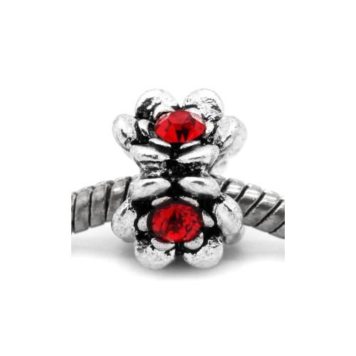 European Antique Silver Red Rhinestone Flower Charm Beads - BEADED CREATIONS