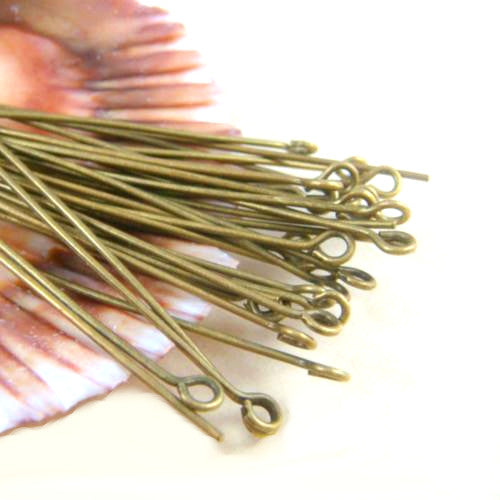 Eye Pins, Alloy, Antique Bronze, 21 Gauge, 50mm - BEADED CREATIONS
