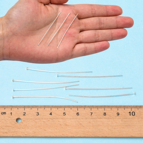 Flat Head Pins, Brass, Silver Plated, 20 Gauge, 50mm - BEADED CREATIONS