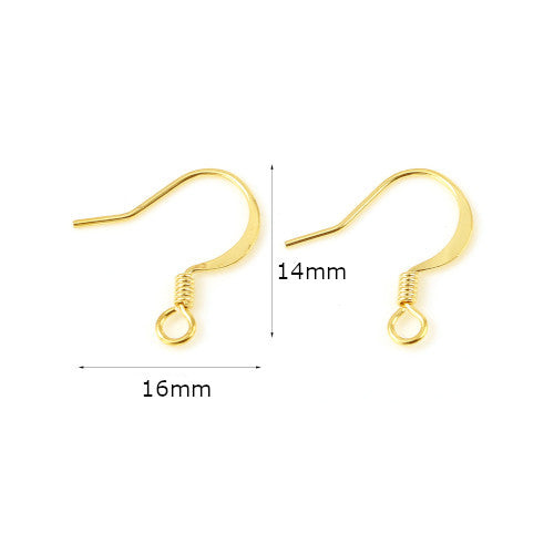 French Earring Hooks, Brass, Flat Earring Hooks, With Coil And Horizontal Loop, 18K Gold Plated, 14mm - BEADED CREATIONS