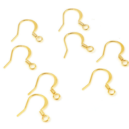French Earring Hooks, Brass, Flat Earring Hooks, With Coil And Horizontal Loop, 18K Gold Plated, 14mm - BEADED CREATIONS