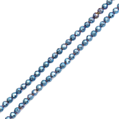 Gemstone Beads, Hematite, Synthetic, Non-Magnetic, Electroplated, Round, Faceted, Blue, 4mm - BEADED CREATIONS