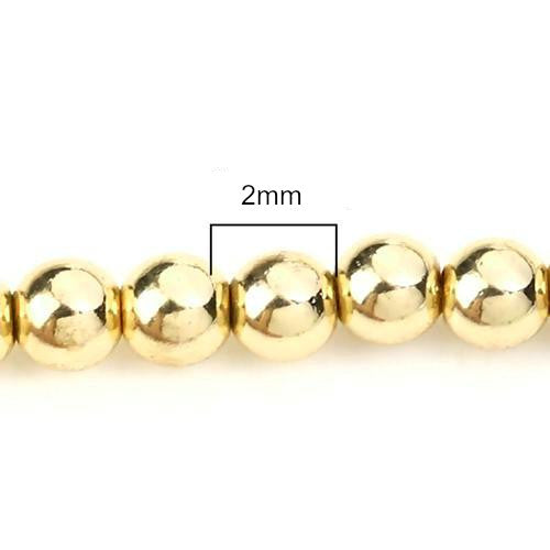 Gemstone Beads, Hematite, Synthetic, Non-Magnetic, Electroplated, Round, Gold Plated, 2mm - BEADED CREATIONS