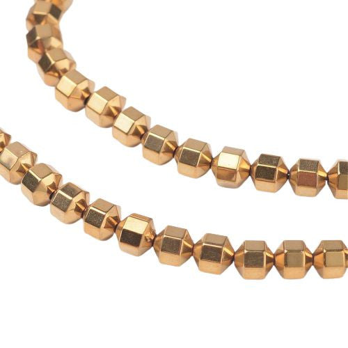 Gemstone Beads, Hematite, Synthetic, Non-Magnetic, Faceted, Lantern, Gold Plated, 4mm - BEADED CREATIONS