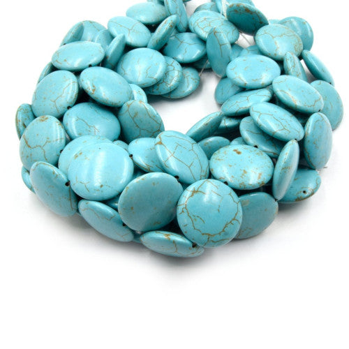 Gemstone Beads, Howlite, Magnesite, Natural, Round, Puffy Coin, (Dyed), Turquoise, 20mm - BEADED CREATIONS