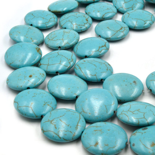 Gemstone Beads, Howlite, Magnesite, Natural, Round, Puffy Coin, (Dyed), Turquoise, 20mm - BEADED CREATIONS