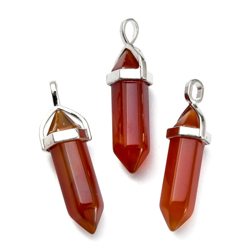 Gemstone Pendants, Natural, Carnelian, Faceted, Bullet, With Silver Tone Hexagon Bail, 36-45mm - BEADED CREATIONS