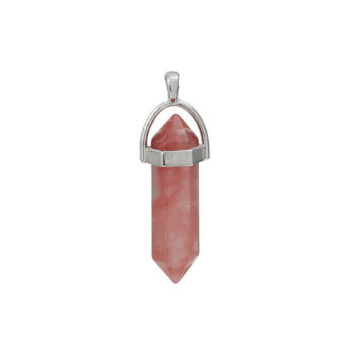 Gemstone Pendants, Natural, Cherry Quartz, Faceted, Bullet, With Silver Tone Hexagon Bail, 36-45mm - BEADED CREATIONS