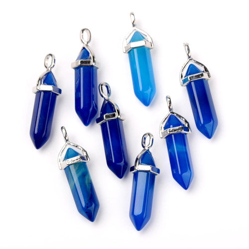 Gemstone Pendants, Natural, Dyed, Blue Agate, Faceted, Bullet, With Silver Tone Hexagon Bail, 36-45mm - BEADED CREATIONS