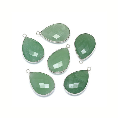 Gemstone Pendants, Natural, Green Aventurine, Faceted, Teardrop, Silver Plated, Brass, Focal, 29-31mm - BEADED CREATIONS
