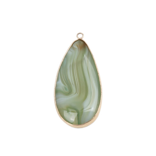 Gemstone Pendants, Natural, Green, Banded Agate, Teardrop, Gold Plated, Brass, 5.3cm - BEADED CREATIONS