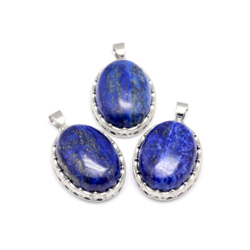Gemstone Pendants, Natural, Lapis Lazuli, Platinum Plated, Brass, Oval, 30mm - BEADED CREATIONS