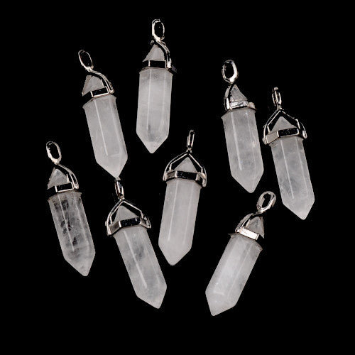 Gemstone Pendants, Natural, Quartz Crystal, Faceted, Bullet, With Silver Tone Hexagon Bail, 36-45mm - BEADED CREATIONS