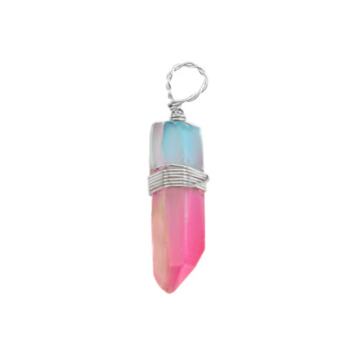 Gemstone Pendants, Natural, Quartz Crystal, Pink And Blue, Faceted, Geometric, Wire Wrapped, Focal Drop, 32mm - BEADED CREATIONS