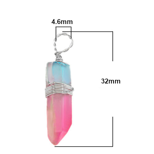 Gemstone Pendants, Natural, Quartz Crystal, Pink And Blue, Faceted, Geometric, Wire Wrapped, Focal Drop, 32mm - BEADED CREATIONS