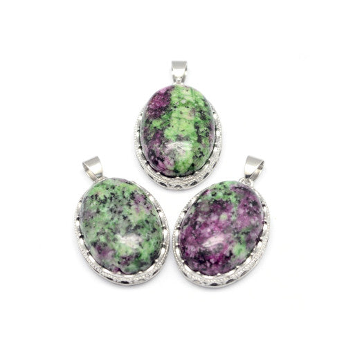 Gemstone Pendants, Natural, Ruby in Zoisite, Platinum Plated, Brass, Oval, 30mm - BEADED CREATIONS