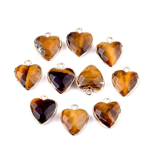 Gemstone Pendants, Natural, Tiger Eye, Faceted, Heart, With Golden Electroplated Iron Edge And Loop, 16-17mm - BEADED CREATIONS