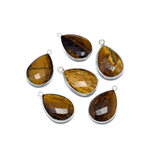 Gemstone Pendants, Natural, Tiger Eye, Faceted, Teardrop, Silver Plated, Brass, Focal, 29-31mm - BEADED CREATIONS