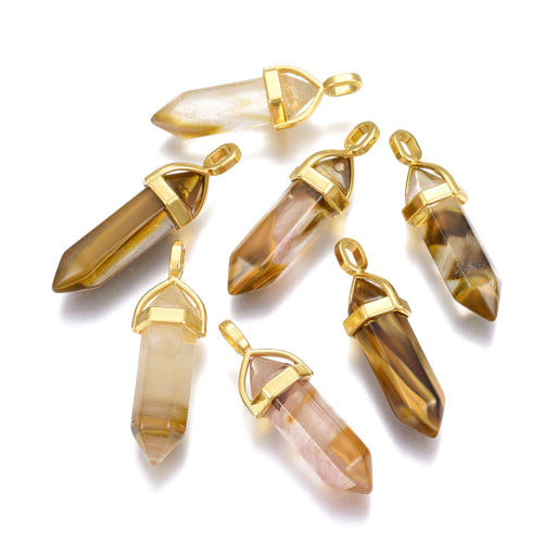 Gemstone Pendants, Natural, Tigerskin Jasper, Faceted, Bullet, With Golden Hexagon Bail, 36-45mm - BEADED CREATIONS
