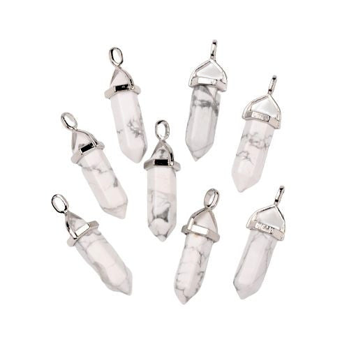 Gemstone Pendants, Natural, White Howlite, Faceted, Bullet, With Silver Tone Hexagon Bail, 36-45mm - BEADED CREATIONS