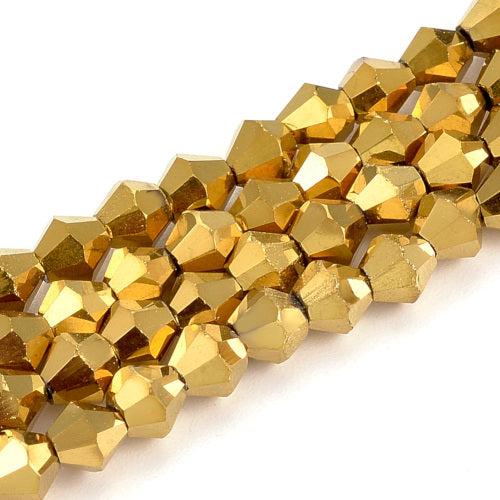 Glass Beads, Electroplated, Faceted, Bicone, Top Drilled, Metalized, Gold Plated, 4mm - BEADED CREATIONS
