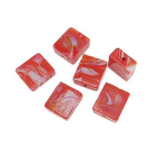 Glass Beads, Handmade Lampwork Beads, Square, Marbled, Red, 14mm - BEADED CREATIONS