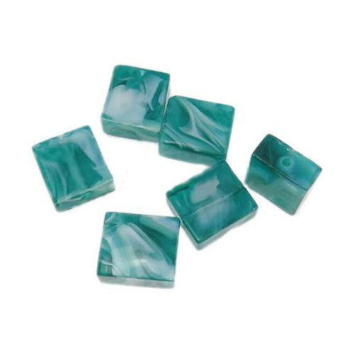 Glass Beads, Handmade Lampwork Beads, Square, Marbled, Teal, 14mm - BEADED CREATIONS