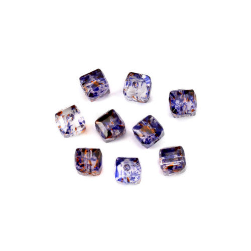 Glass Beads, Mottled, 6mm, Purple And Orange, Faceted, Cube, Square - BEADED CREATIONS