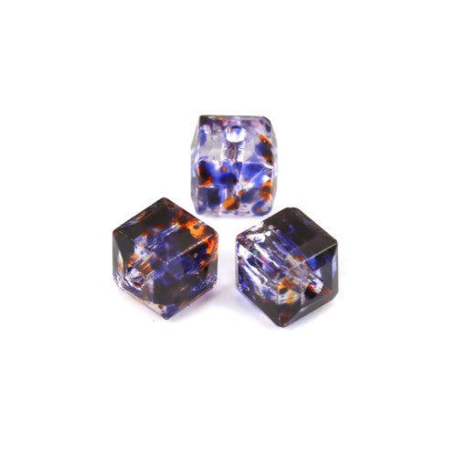 Glass Beads, Mottled, 6mm, Purple And Orange, Faceted, Cube, Square - BEADED CREATIONS