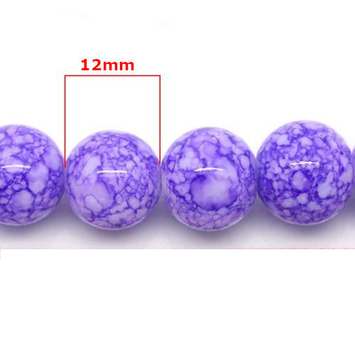 Glass Beads, Opaque, Mottled, Round, Purple, White, 12mm - BEADED CREATIONS