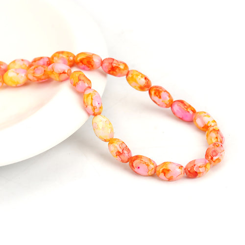 Glass Beads, Oval, Opaque, Mottled, Fuchsia, Orange, Faceted, 10mm - BEADED CREATIONS