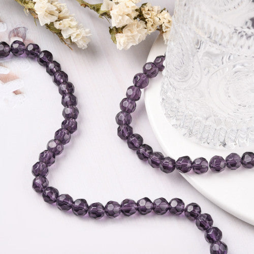 Glass Beads, Round, Faceted, Amethyst, 8mm - BEADED CREATIONS