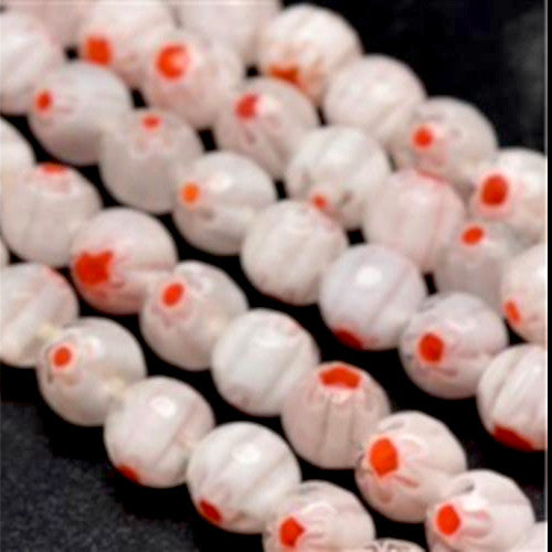 Glass Beads, Round, Faceted, Millefiori, Translucent, White, Red, 6mm - BEADED CREATIONS