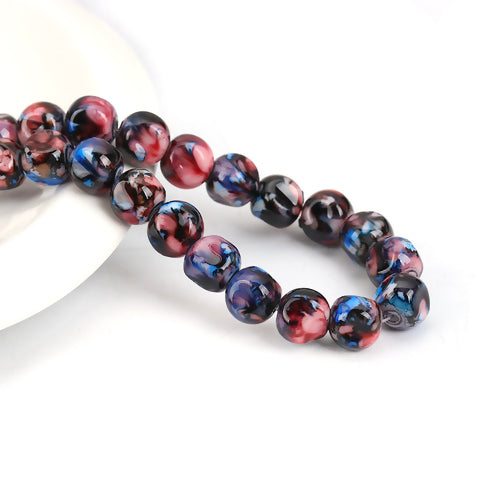 Glass Beads, Round, Opaque, Mottled, Blue, Dark Pink, Faceted, 10mm - BEADED CREATIONS