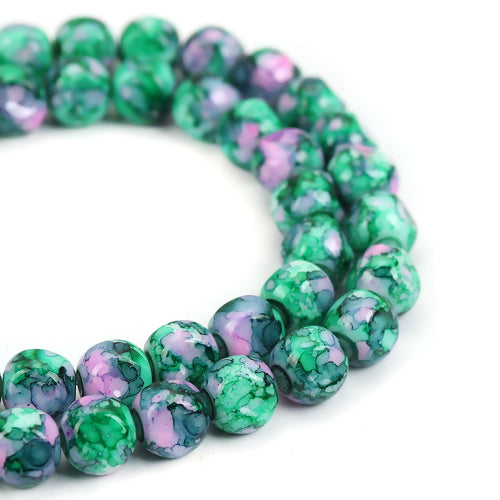 Glass Beads, Round, Opaque, Mottled, Lilac, Pink, Green, Faceted, 10mm - BEADED CREATIONS