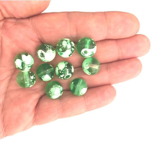 Glass Beads, Transparent, Mottled, Round, Light Green, White, 12mm - BEADED CREATIONS