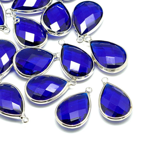 Glass Pendants, Brass, Faceted, Teardrop, Blue, Silver Tone, Focal, 21.5mm - BEADED CREATIONS