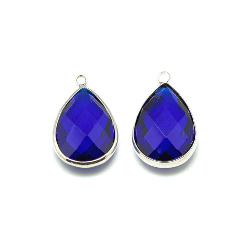 Glass Pendants, Brass, Faceted, Teardrop, Blue, Silver Tone, Focal, 21.5mm - BEADED CREATIONS