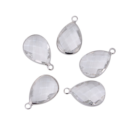 Glass Pendants, Brass, Faceted, Teardrop, Clear, Silver Plated, Focal, 22mm - BEADED CREATIONS