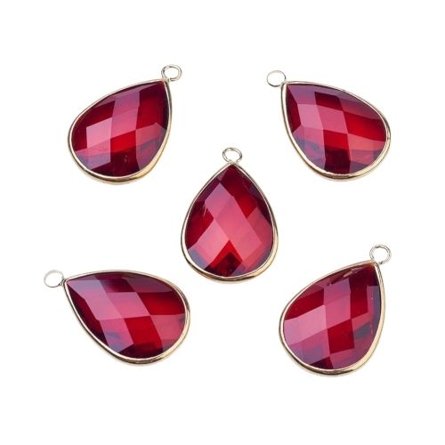 Glass Pendants, Brass, Faceted, Teardrop, Dark Red, Golden, Focal, 18mm - BEADED CREATIONS