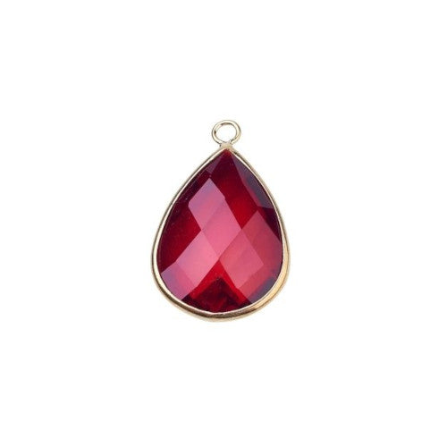 Glass Pendants, Brass, Faceted, Teardrop, Dark Red, Golden, Focal, 18mm - BEADED CREATIONS