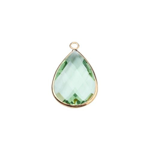 Glass Pendants, Brass, Faceted, Teardrop, Light Green, Golden, Focal, 18mm - BEADED CREATIONS