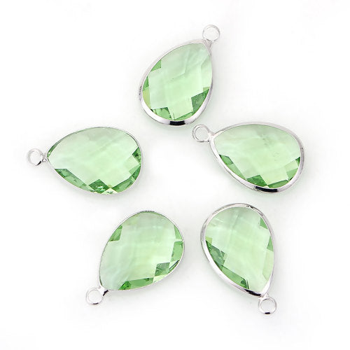 Glass Pendants, Brass, Faceted, Teardrop, Light Green, Silver Plated, Focal, 22mm - BEADED CREATIONS