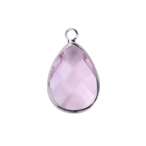 Glass Pendants, Brass, Faceted, Teardrop, Pink, Silver Plated, Focal, 22mm - BEADED CREATIONS