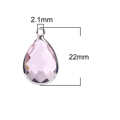 Glass Pendants, Brass, Faceted, Teardrop, Pink, Silver Plated, Focal, 22mm - BEADED CREATIONS