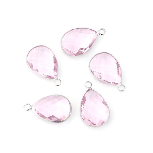 Glass Pendants, Brass, Faceted, Teardrop, Pink, Silver Plated, Focal, 22mm - BEADED CREATIONS