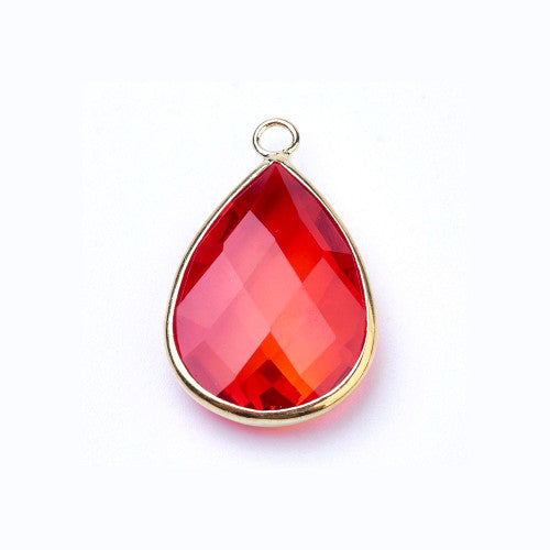 Glass Pendants, Brass, Faceted, Teardrop, Red, Golden, Focal, 18mm - BEADED CREATIONS