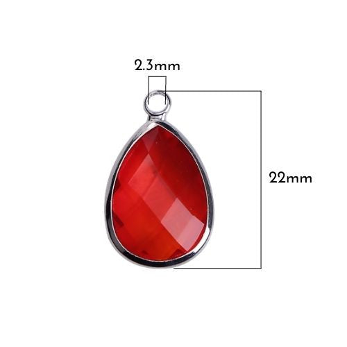 Glass Pendants, Brass, Faceted, Teardrop, Red, Silver Plated, Focal, 22mm - BEADED CREATIONS
