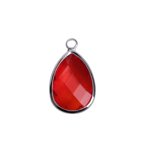 Glass Pendants, Brass, Faceted, Teardrop, Red, Silver Plated, Focal, 22mm - BEADED CREATIONS