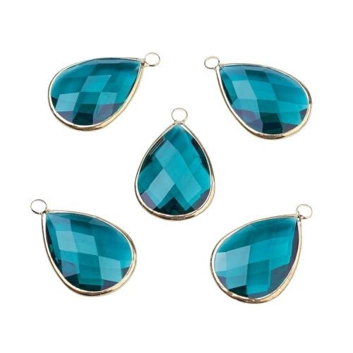 Glass Pendants, Brass, Faceted, Teardrop, Teal, Golden, Focal, 18mm - BEADED CREATIONS